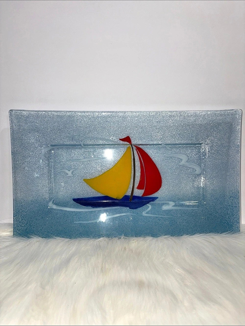 Blue & Yellow Sailboat Glass Art Tray
